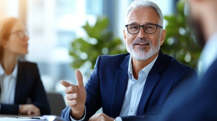 Canvas Print - A man in a suit is talking to two other people in a meeting