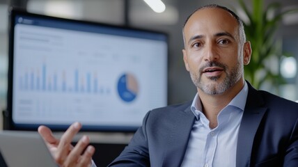 A man in a suit is sitting at a desk with a tablet in front of him