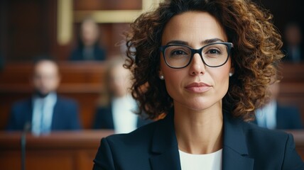 Poster - A woman wearing glasses and a black suit is standing in front of a judge