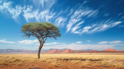 A solitary tree stands in a dry, grassy landscape under a bright blue sky with wispy white clouds, with red sand dunes in the distance.