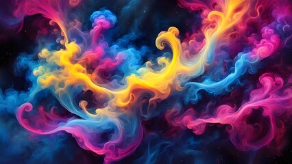 Wall Mural - Abstract colorful smoke swirls and clouds,  a vibrant display of color and movement against a dark background.