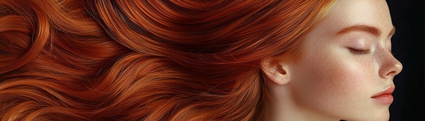 Closeup portrait highlighting glossy, vibrant hair with a smooth texture, accentuating beauty features with a focus on radiant shine.