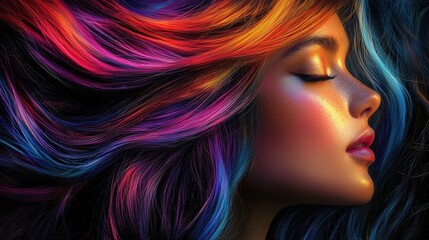 Detailed closeup of a portrait, showcasing sleek, shiny hair in vivid colors, emphasizing a smooth texture and stunning beauty features.