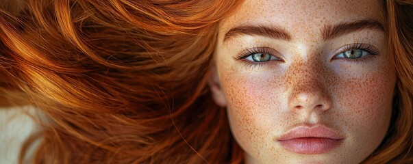 Wall Mural - Closeup image of a portrait where vibrant, glossy hair and a smooth texture highlight the modelÃ¢â‚¬â„¢s beauty features with exceptional detail.