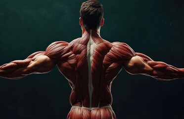 Anatomical model showcasing muscle structure and detail from the back, emphasizing human physiology and fitness aesthetics.