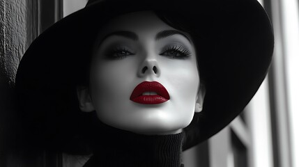 Wall Mural - Close-up portrait of a woman wearing a black hat and red lipstick.