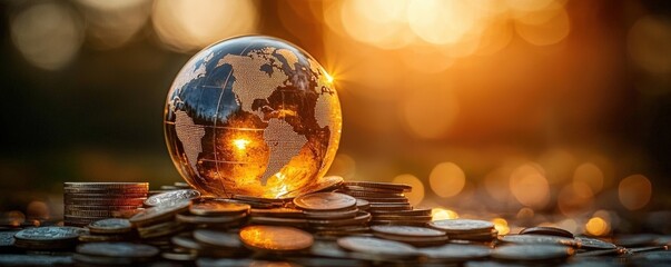 Illuminated globe sitting on a pile of coins, representing financial prosperity and the interconnectedness of the global economy.