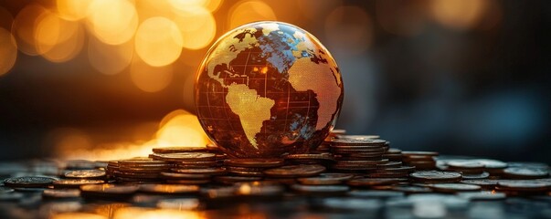 Illuminated globe sitting on a pile of coins, representing financial prosperity and the interconnectedness of the global economy.