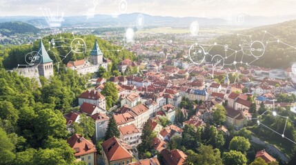 Aerial View of a European Town with Digital Overlay