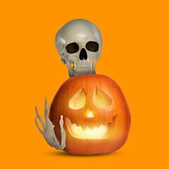 Wall Mural - Scary skeleton touching spooky jack o'lantern on orange background. Halloween celebration