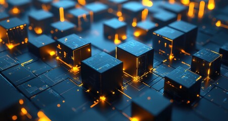 Abstract 3D rendering of glowing orange cubes connected by blue lines on a dark background.