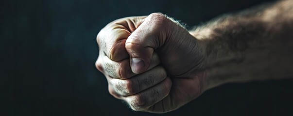 A clenched fist symbolizes strength and determination, highlighted against a dark background for dramatic effect.