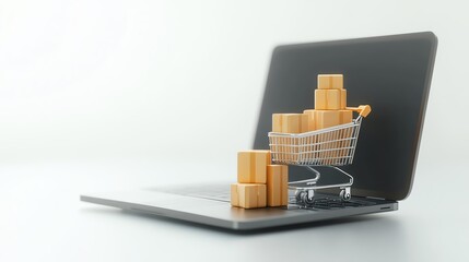 Wall Mural - A laptop with a shopping cart filled with blocks, representing online shopping and e-commerce.