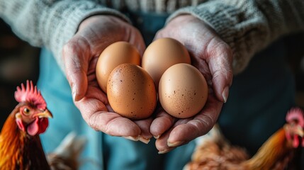 Farmer s Hands Holding Freshly Gathered Chicken Eggs on a Rural Farm