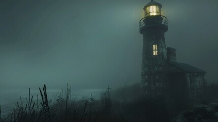 Wall Mural - Haunted lighthouse with eerie lights