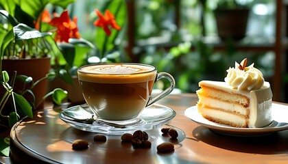 Poster - An exquisite cup of coffee with a piece of cream cake next to it. The table is clean and tidy, and surrounded by green plants, creating a warm and comfortable atmosphere.