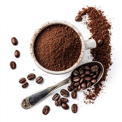 Coffee Beans and Ground Coffee in a Cup and Spoon