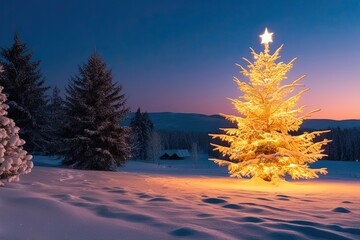 Wall Mural - Breathtaking Winter Scenery with Luminous Christmas Tree and Snowy Night Glow