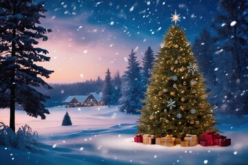 cozy winter landscape with a beautiful christmas tree and snowflakes in a festive evening scene