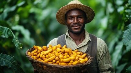 Sticker - Smiling Farmer Holding Basket of Yellow Fruit