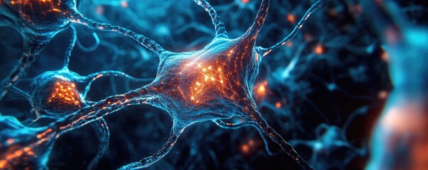 Wall Mural - a detailed view of neural cells showcasing synaptic connections and vibrant colors in a digital repr