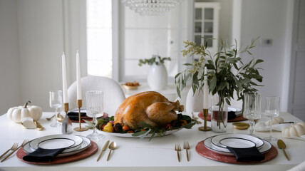 A beautifully set dining table featuring a roasted turkey as the centerpiece, with white plates, glassware, and golden cutlery. Concept of holiday celebration and family gatherings.