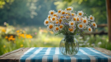 Poster - A bouquet of white daisies in a glass vase, placed on a checkered tablecloth against a backdrop of a lush green garden.