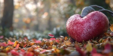 Canvas Print - Heart Shaped Pumpkin in a Fall Forest Setting with Colorful Autumn Leaves and a Soft Glowing Light Capturing the Essence of Autumn