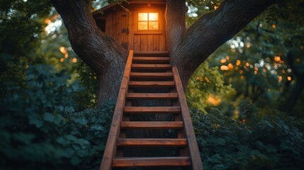 Poster - A Wooden Stairway Leading to a Cozy Treehouse