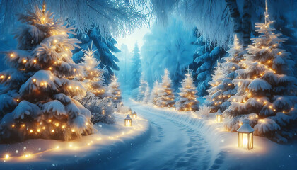 A winter scene featuring a snow covered path winding through a forest adorned with frosted evergreens