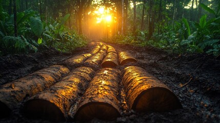 Poster - Golden Sunset Path in a Lush Jungle