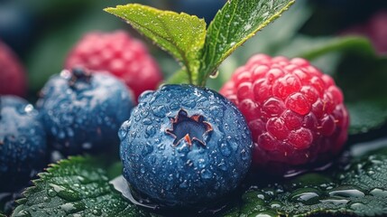 Wall Mural - Close-up of Blueberries and Raspberries with Dew Drops