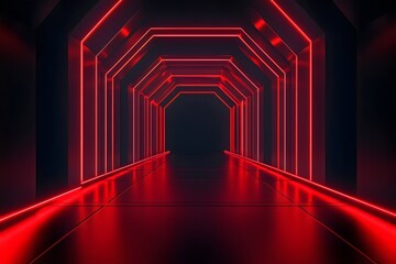 Sticker - Futuristic tunnel illuminated with red neon lights on dark background for wallpaper, backdrop and cover design