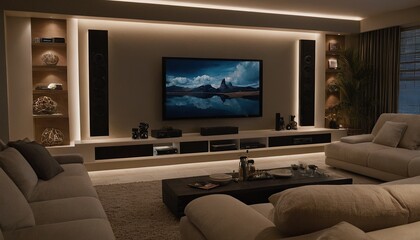 Wall Mural - Modern living room with sofa and television
a living room with a couch, chair, table and fireplace in the corner of the room with a large window overlooking the snow covered forest. 19