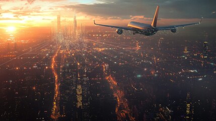 A passenger plane flies over a city skyline at sunset.