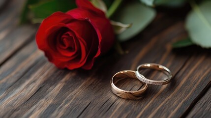 Wedding rings on a dark wood background with a single red rose