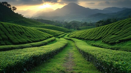 Wall Mural - Sunrise over Tea Plantation