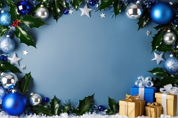 stunning blue new year celebration framed by holly leaves shimmering baubles festive stars and beautifully wrapped gifts