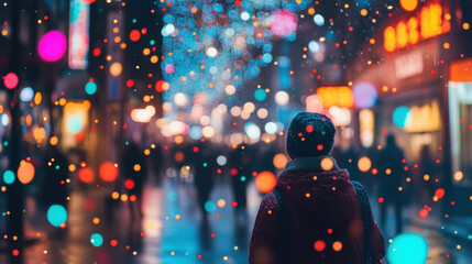 A person stands in vibrant city street adorned with colorful lights and festive decorations, creating magical atmosphere. scene is filled with bokeh effects, enhancing joyful ambiance