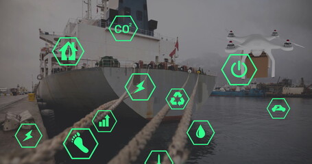 Image of eco icons and data processing over drone with box and sea port