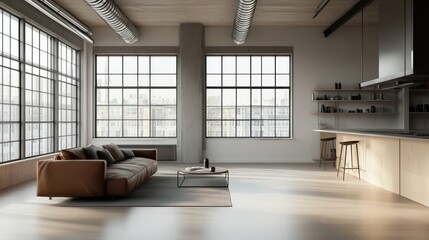 Spacious modern living room with large windows, minimalist furniture, and natural light highlighting its stylish decor.