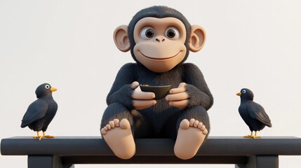 a cartoon monkey sits on a bench, holding a bowl, flanked by two birds.