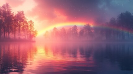 Poster - A Foggy Lake with a Rainbow in a Silhouetted Forest at Twilight