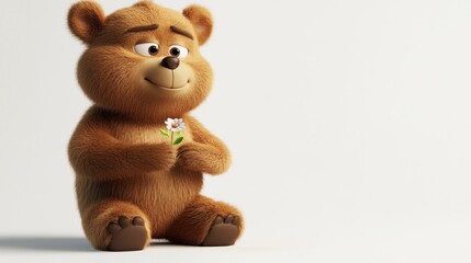 A cheerful cartoon bear holding a flower, conveying a sense of innocence and joy.