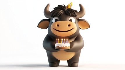 Sticker - A cheerful cartoon bull holding a birthday cake with candles, celebrating a festive occasion.