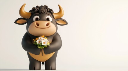 A cheerful cartoon bull holding a bouquet of flowers, exuding a friendly vibe.