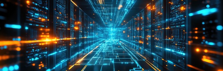 Abstract digital background with glowing lines and data servers in a futuristic cyberspace tunnel.