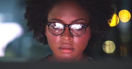 Sticker - Computer, night and a business black woman at work in her office, reading information for research. Face, glasses and a serious young employee working on a laptop during the evening late shift