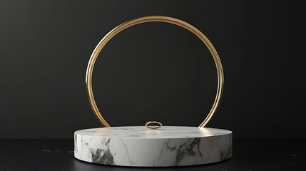 Wall Mural - A marble pedestal with a gold ring on top and a golden oval ring behind it.