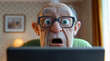 © Sunshine Design - closeup of an elderly man with glasses, wide-eyed and mouth open in shock, staring at a computer screen. Reaction to scam or porn
